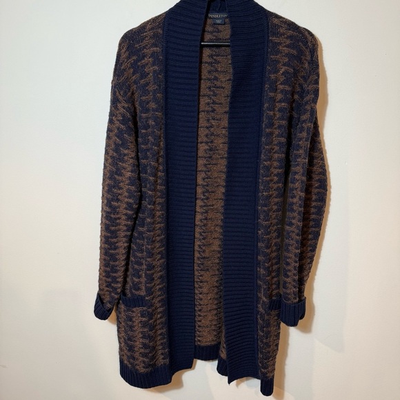 Pendleton Wool Alpaca Cardigan Sweater Open Front Brown Blue Pockets Petite M - Picture 3 of 13